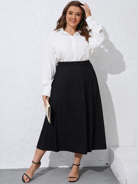 Plus Solid High Waist A-line Skirt A Line Skirt Outfits Plus Size, A Line Skirt Plus Size, Outfits For Chubby Girls, A Line Skirt Outfits, Long A Line Skirt, Skirt Plus Size, Aline Skirt, Line Skirt, Plus Size Skirts