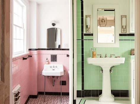 PLEASE Don't Remodel Your Vintage Art Deco Bathroom | OBLIQUE NEW YORK Art Deco Bathrooms, Pink Art Deco, Paint Color Chart, 1930s House, Art Deco Bathroom, Retro Bathrooms, Deco Bathroom, Colourful Tile, Black And White Tiles