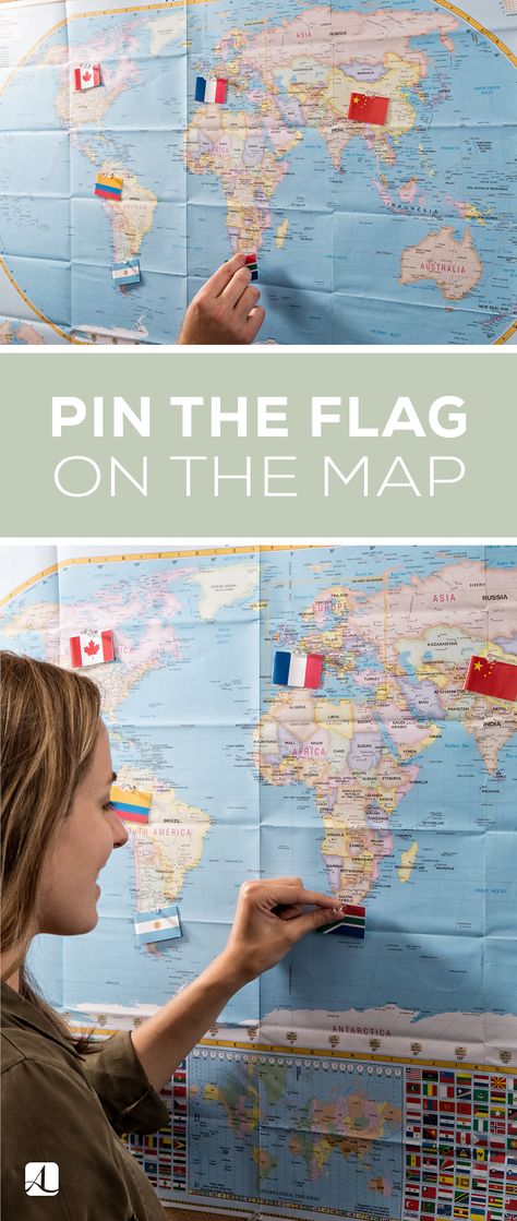 Pin the Flag on the Map - American Lifestyle Magazine Maps Birthday Party, Countries Of The World Birthday Party, Geography Birthday Party, Geography Party, Country Birthday Invitations, Flag Birthday Party, Country Themed Parties, World Country Flags, Leaving Party