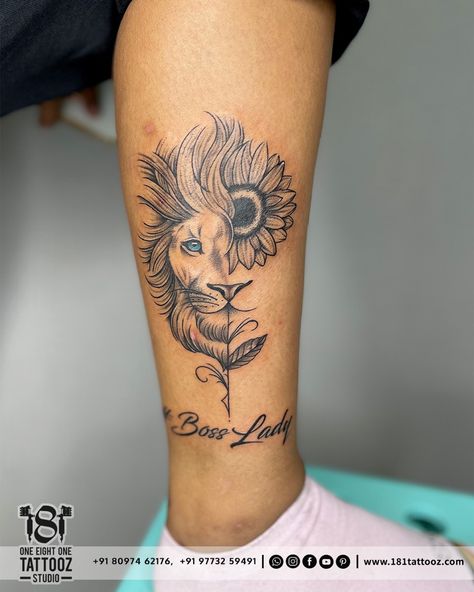 Boss Lady- who demands respect and gets it”.If the lion is the king, the lioness is definitely the queen. Independent and cunning. #bossladytattoo #tattooonankle #ankletattoo #calftattoo #lionesstattoo #nashiktattoos #tattoo #tattooartist #lioness #feminism Lady Lion Tattoo, Lioness Queen Tattoo, Lion Queen Tattoo, Lioness Tattoo, Queen Tattoo, Calf Tattoo, Ankle Tattoo, Lion Tattoo, The Lion