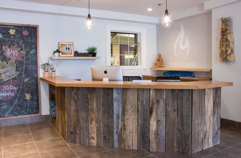 Lisa  - this is an old ugly reception desk like ours refaced with barnboard. Possible idea? Yoga Studio Reception, Studio Reception, Yoga Studio Design Ideas, Perfect Grey Paint, Yoga Studio Design, Yoga Studio Decor, Wellness Studio, Yoga Space, Grey Paint