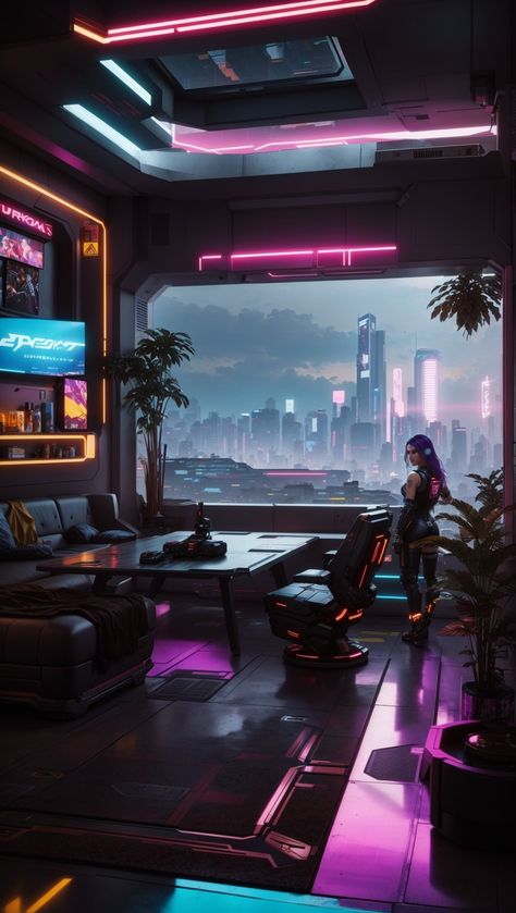 Cyberpunk penthouse in a cyberpunk city Night City Cyberpunk 2077, Cyberpunk 2077 Aesthetic, Cyberpunk Interior Design, Cyberpunk Space, Cyberpunk House, Punk Background, Cyberpunk Apartment, Cyberpunk Interior, Fantasy Cyberpunk