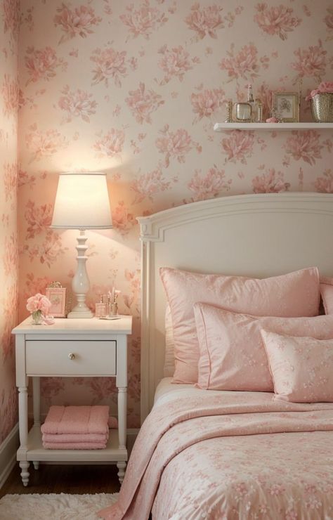 Add a touch of girly charm with a floral wallpaper accent wall and a vintage-inspired vanity table. Complete the look with a soft pink throw blanket and some cute fairy lights for a dreamy atmosphere. Cute Fairy Lights, Floral Wallpaper Accent Wall, Soft Girl Bedroom, Pink Wallpaper Bedroom, Floral Wallpaper Bedroom, Pink Throw Blanket, Pink Throw, Nursery Room Inspiration, Wallpaper Accent