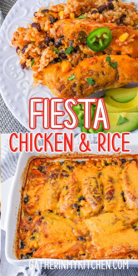 Spice up your taco nights with this easy Fiesta Chicken and Rice Casserole! It's a Mexican-inspired dinner that's both delicious and a hit with kids. A perfect family pleaser for any night of the week. Chicken And Rice Casserole With Knorrs, Knorr Spanish Rice And Chicken Casserole, Chicken And Mexican Rice, Fiesta Chicken And Rice, Fiesta Chicken Crockpot Recipe, Mexican Chicken Bake, Rice Casseroles, Corn And Rice, Chicken Taco Casserole