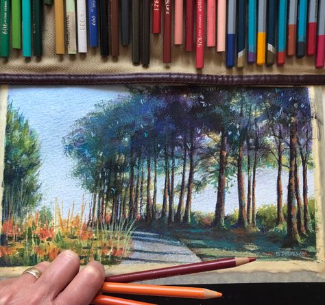 Colored Pencil Mixed Media, Colored Pencil And Watercolor Art, Watercolor Pencil Landscape, Watercolor Colored Pencils, Colored Pencil Abstract Art, Watercolor And Colored Pencil Art, Color Pencil Art Landscape, Landscape Colored Pencil, Watercolor Pencil Drawings