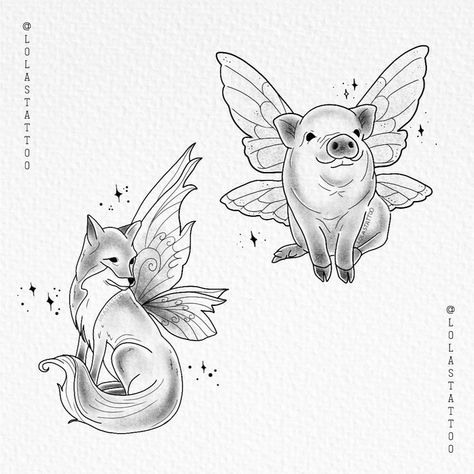 Drawing For Tattoos, Flying Pig Tattoo, Fairy Animals, Fairy Wing Tattoos, Pig Sketch, Wings Sketch, Pig Tattoo, Fox Tattoo Design