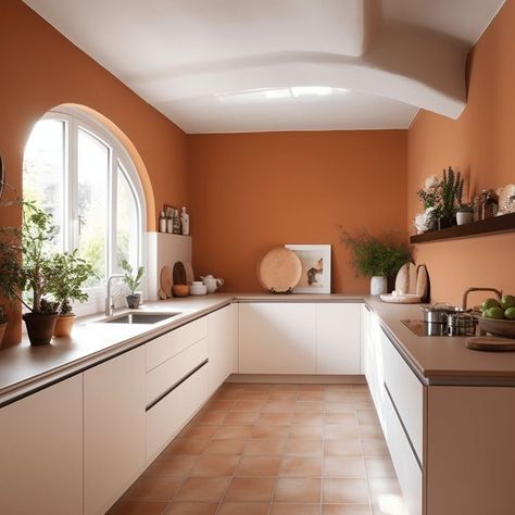 Terracotta Kitchen Walls, Adobe Style Homes, Terracotta Kitchen, Greige Kitchen, Dreamy Kitchens, Off White Cabinets, Kitchen Refresh, Freestanding Kitchen, Orange Kitchen