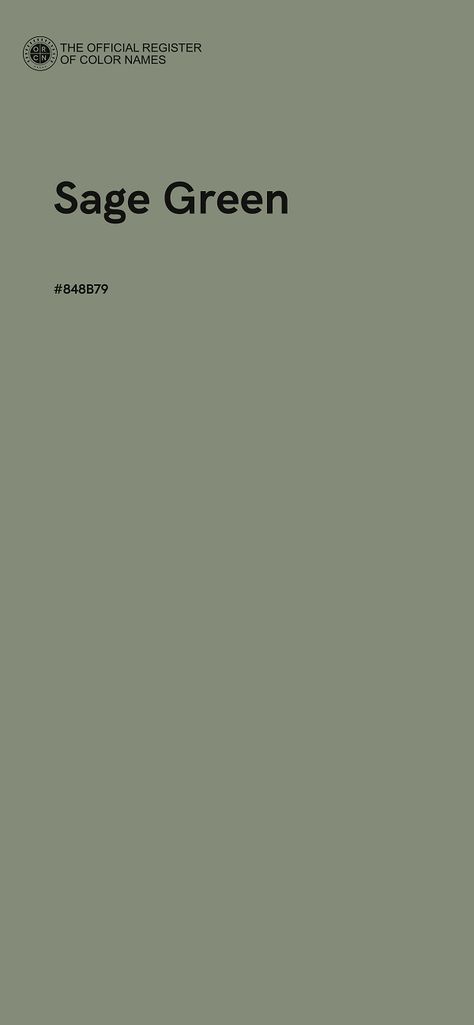 Sage Green color - #848B79 - The Official Register of Color Names Sage Green Color Swatch, Sage Color Swatch, Sage Green Pantone, Sage Green Pallet, Sage Bedroom Aesthetic, Best Green Colors, Different Shades Of Sage Green, Sage Green Pantone Colour Palettes, Sage Leaf Color