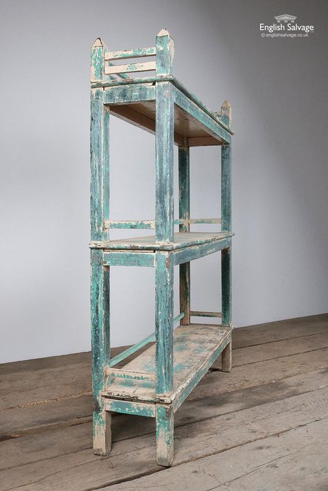 Vintage Green / Cream Hardwood Shelving Unit available now, click the link above for full description and to view all our unique reclaimed items. #englishsalvage #herefordshire #reclamation #filmprops #forsale #reclaimed #salvage #finditstyleit  #reclaimedvintage #interiorideas #upcycle #design #storage #vintage #rustic #freestanding #shelving #interior #home Freestanding Shelving, Upcycle Design, Reclaimed Doors, Film Props, Antique Garden, Cream Paint, Architectural Pieces, Garden Items, Studio Ideas