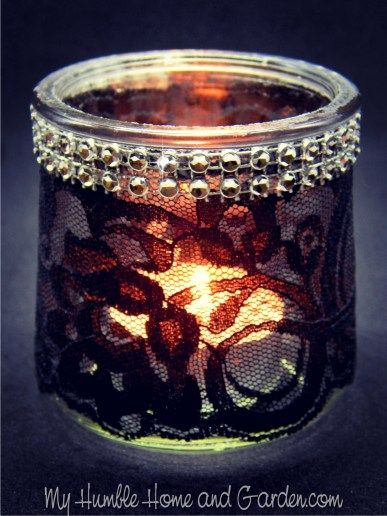 Lace Candle Holders, Lace Candles, Humble Home, Flameless Tea Lights, Halloween Tablescape, Halloween Mantel, Lace Painting, Easy Diy Halloween, Rhinestone Trim