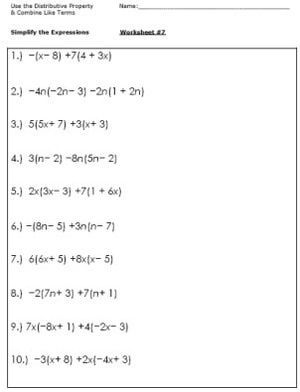 Practice Simplifying Expressions With These Algebra Worksheets: Worksheet # 7 - Use the Distributive Property, Combine Like Terms Algebra Worksheets With Answers, Distributive Property Algebraic Expressions, Algebra Word Problems Worksheets, 10th Grade Math Worksheets, Algebraic Expressions Notes, Algebra Equations Worksheets, Simplifying Rational Expressions, Writing Algebraic Expressions, Algebra 2 Worksheets