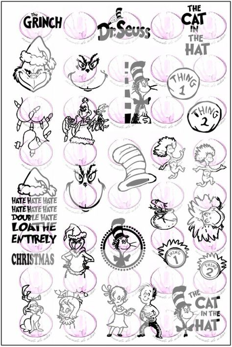 Mundo de Unas nail stamping plate Dr. Seuss grinch cat in the hat thing 1 and 2 Grinch Tattoo, Tattoo Stencil Designs, Nagel Stamping, Dr Seuss Grinch, Dr. Seuss, Nail Art Stamping, Nail Art Stamping Plates, Gel Nail Art Designs, Sketch Tattoo Design