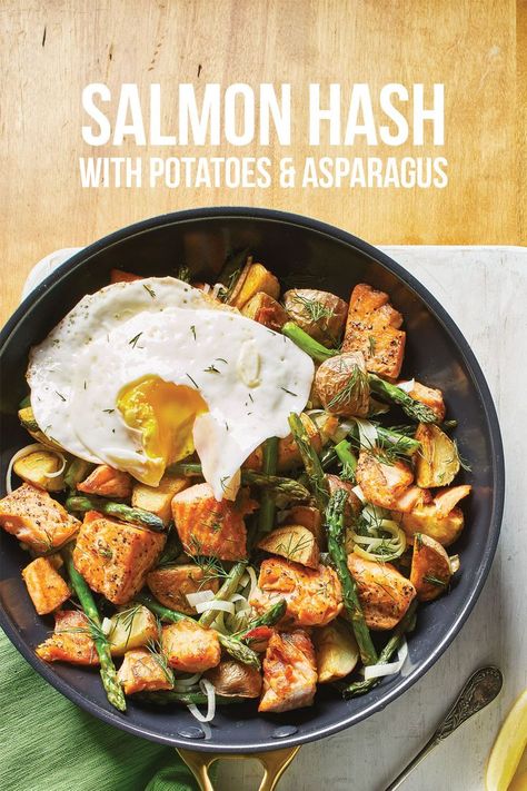 Spring ingredients — salmon, asparagus, leeks, potatoes, and dill — unite into a Crispy Salmon Hash that makes a welcome breakfast, brunch, dinner, or anytime meal. #cuisineathome #springrecipes #springfoods #springdishes #springrecipeideas #food #recipe Chicken Red Potatoes, Savory Brunch, Potatoes Asparagus, Salmon Asparagus, Cooked Potatoes, Crispy Salmon, Leftover Potatoes, Creamed Leeks, Spring Dishes