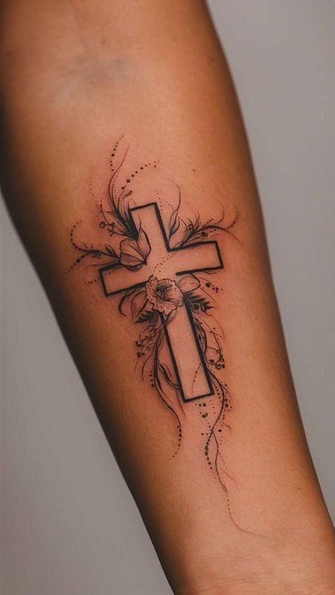 25+ Tiny Cross Tattoos for Women That Are So Cute Arm Unique Tattoo, Girly Memorial Tattoos, Faith Over Fear Tatoos, Oceans Where Feet May Fail Tattoo, Back Tattoo For Women Elegant, Music Note Fine Line Tattoo, Rugged Cross Drawing, Flower Tattoos With Cross, Cute God Tattoos For Women