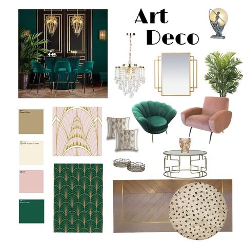 1920 Art Deco Interior, Pink And Green Art Deco, Art Deco Bedroom Blush, Art Deco Bedroom Pink And Green, Art Deco Apartment Decor, Dark Green Art Deco Art, Art Deco Furniture 1920s, Glossy Furniture, Art Deco Interior 1920s