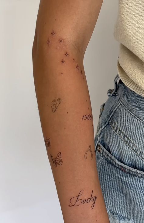 Star Tattoos On Arm, Patch Sleeve Tattoo Women Minimal, Hit Me Hard And Soft Tattoo, One Arm Tattoo, How Lucky Are We Tattoo, Italian Words Tattoo, Emma Chamberlain Tattoo, Imagination Tattoo, Line Tattoo Arm