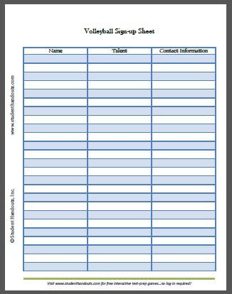 Free Printable Volleyball Sign-up Sheet Sign Up Sheet Template, Volleyball Signs, Sign In Sheet Template, Sign Up Sheets, Attendance Sheet, Football Signs, Sign In Sheet, Blank Sign, Volleyball Drills