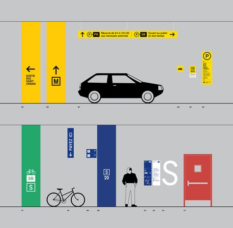 Signage system - UQAM parking garages on Behance Signage System Design, Parking Lot Signage, Bicycle Parking Design, Parking Lot Sign, Basement Parking, Road Signage, Environmental Branding, Parking Building, Park Signage