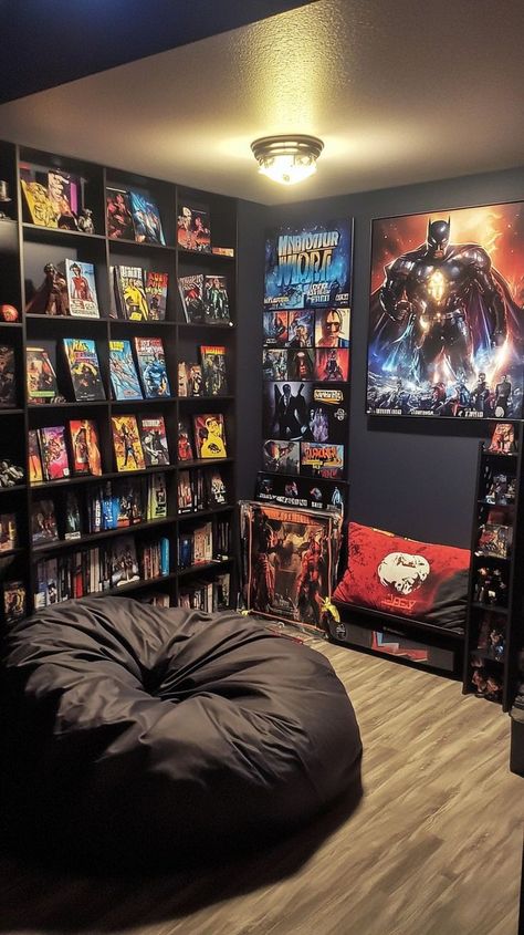 Cozy superhero movie-themed room with colorful posters, bean bag chair, and DVD collection - perfect for film enthusiasts. Home Cinema Room, Cinema Room, Superhero Movies, Movie Lover, Home Cinemas, Cozy Room, Dream Room, Decor Inspiration, Room Decor