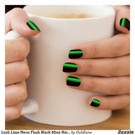 Lush Lime Neon Flash Black Minx Nail Art Neon Lime Nails Acrylic, Black And Neon Nails Short, Black Nails With Bright Colors, Black Neon Green Nails, Neon Green Black Nails, Neon Green Short Nails, Black And Lime Green Nails, Black And Neon Nail Designs, Lime Green And Black Nails