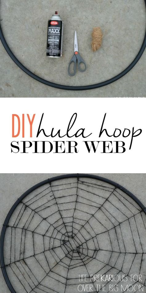 This DIY is so easy anyone can do it!! It's the perfect Halloween decoration!! | www.overthebigmoon.com Spider Web Tutorial, Diy Hula Hoop, Spider Web Halloween Decorations, Halloween Camping, Halloween Decor Diy, Halloween Memes, Halloween Decorations Diy Outdoor, Hula Hoops, Halloween Garden