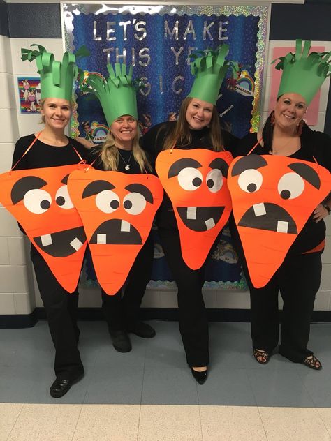 Creepy Carrots Teacher Costume, Preschool Teacher Group Halloween Costumes, Character Parade Costumes For Teachers, Staff Halloween Costumes School, Teacher Book Character Costumes Group, Creepy Carrots Costume, Storybook Character Costumes For Teacher, Easy Teacher Halloween Costumes, Book Character Costumes For Teachers