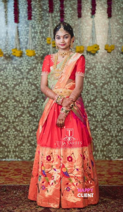 Paithani Half Saree Designs, Paithani Half Saree, Paithani Lehangas, Paithani Lehenga, Teja Sarees, Disney Princess Dress Up, Half Saree Function, Langa Voni, Half Saree Lehenga