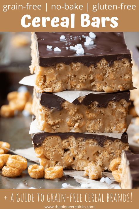 Grain-free No-Bake Cereal Bars - The Pioneer Chicks Gluten Free Cereal Bars, No Bake Cereal Bars, Gluten Free Bars Recipes, Sugar Free Cereal, Cereal Flavors, Gluten Free Bars, Fruit Scones, Healthy Cereal, Sugar Free Chocolate Chips