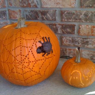 Spiderweb- used a drill for the holes, filled the big spider body hole w black tissue paper and used small straws for the legs Pumpkin Carving Ideas Drill Holes, Simple Pumpkin Carving Ideas Creative, Pumpkin Carving With Drill, Big Spiders, Biggest Pumpkin, Easy Pumpkin Carving, Pumpkin Spider, Black Tissue Paper, Pumpkin Carving Designs