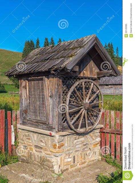 Old Wooden Water Well House In Bucovina, Romania Stock Photo ... Well Pump House, Water Well Hand Pump, Water Well House, Well Pump Cover, Duck House Plans, Old Wooden House, Pump Covers, Castle Floor Plan, Well House