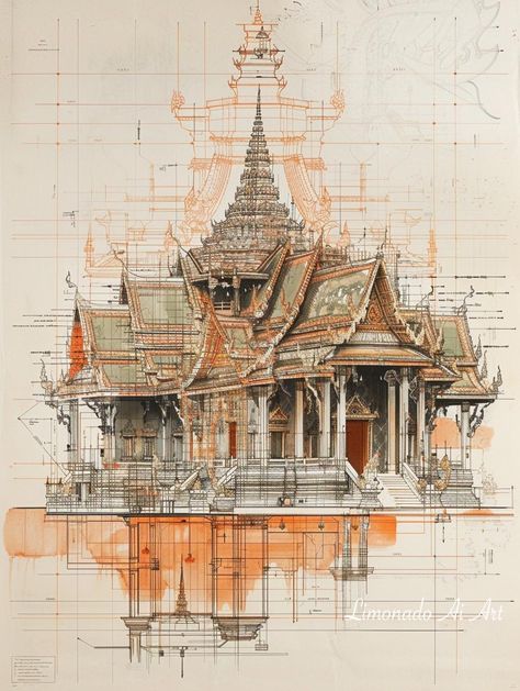 Medieval Asia, A Level Art Sketchbook, Thai Pattern, Architectural Art, Building Painting, Urban Sketch, Interior Design Presentation, Architecture Design Sketch, Architecture Model House