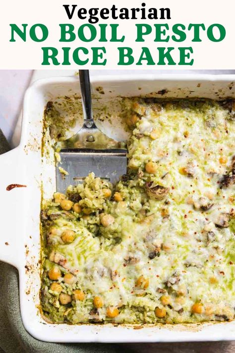 This pesto rice bake is a no-boil vegetarian casserole that requires just 5 minutes of active time to make! The rice cooks in the oven alongside storebought or homemade pesto and a few pantry staples. Pesto Casserole, Easy Vegetarian Casseroles, Pesto Rice, Vegetarian Rice, Dump And Bake, Rice Bake, Easy Vegetable Side Dishes, Vegetarian Casserole, Vegetarian Comfort Food