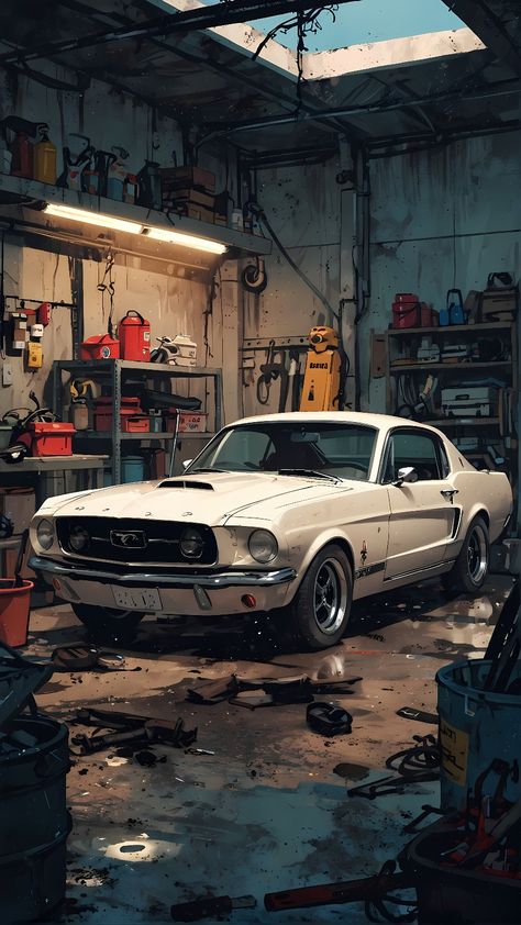 White Ford Mustang, Open Garage, Mustang Art, Mini Auto, Mustang Wallpaper, Partly Cloudy, Image Moto, مرسيدس بنز, Mustang Boss 302