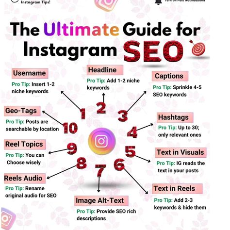 The Ultimate Guide for Instagram SEO detailing 10 steps to optimize Instagram for better visibility and engagement. Steps include using niche keywords in the username and headline, adding SEO keywords in captions and Reels, using relevant hashtags, providing SEO-rich image alt-text, renaming Reels audio for SEO, selecting Reel topics wisely, adding text to visuals, hiding keywords in Reels text, and using geo-tags to make posts searchable by location. Each step includes a pro tip for effectiv... Female Hustler, Instagram Seo, Women Mindset, Entrepreneur Woman, Instagram Growth Tips, Marketing Motivation, Computer Work, Woman Power, Seo Keywords