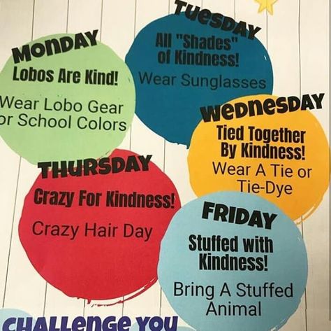 Kindness week ideas for each day from Quimby Oak MS. Hope Week Ideas, Kindness Week Elementary School, Kindness Week Spirit Days, Kindness Spirit Week Ideas, Kindness Week Dress Up Days, Hope Squad Week Ideas, Kindness Spirit Week, Kindness Week Ideas, Kindness Squad