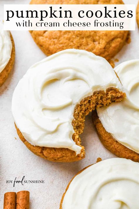 These pumpkin cookies with cream cheese frosting have chewy edges, soft centers and lots of cozy fall spices. Pumpkin cookies are easy to make and are a delicious fall treat. Pumpkin Puree Cookies Easy, Pumpkin Flavored Cookies, Pumpkin Cookie Recipes Best, Pumpkin Cookies Cream Cheese Frosting, Pumpkin Roll Cookies, Pumpkin Cookies With Icing, Pumpkin Cookies With Cream Cheese Icing, Cream Cheese Frosting For Cookies, Pumpkin Cream Cheese Cookies