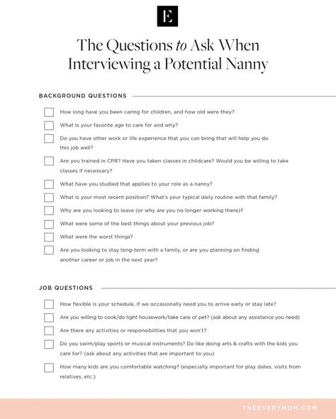 The Questions to Ask When Interviewing a Potential Nanny Free Handout Printout Daycare Interview Questions, Childcare Interview Questions, Questions To Ask Nanny Interview, Hiring A Nanny, Babysitter Interview Questions, Nanny Interview Questions, Nanny Contract, Nanny Binder, Job Preparation