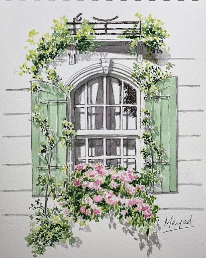 Croquis Architecture, Earring Business, Window Sketch, Window Illustration, Ear Tattoo Ideas, Box Flowers, Window Drawing, Ink And Watercolour, Lighthouse Painting