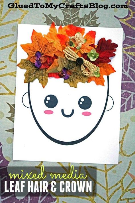 Mixed Media Leaf Hair & Crown - Fall Kid Craft Idea - Free Printable included to get you started! Crown For Kids, Crown Crafts, Easy Fall Crafts, Autumn Activities For Kids, Hair Crown, Kid Craft, Leaf Crafts, Fall Crafts For Kids, Autumn Crafts