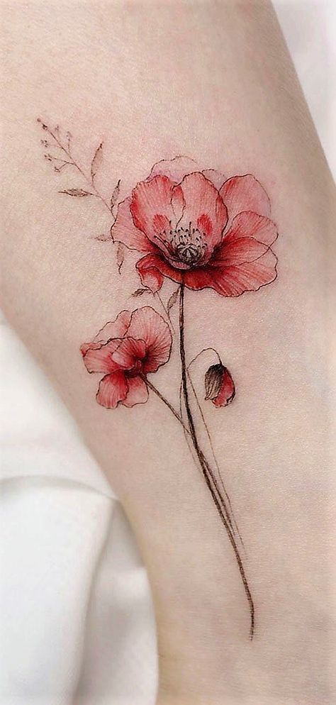 Watercolor Poppy Flower Tattoo, Flower Tattoos Poppies, 3 Poppies Tattoo, Red Flower Tattoos For Women, Poppy Neck Tattoo, Small Poppy Tattoos, Colored Poppy Tattoo, Poppy Ink Drawing, Poppy Flower Sleeve Tattoo