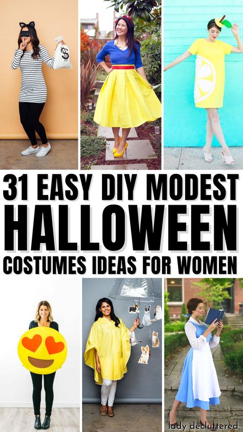 31 Easy DIY Modest Halloween Costume Ideas for Women Work Appropriate Costumes For Women, Easy Ladies Halloween Costumes, Easy Diy Halloween Costumes For Women For Work, Church Appropriate Halloween Costumes, Easy Women’s Diy Costume, Easy Costumes For Moms, Simple Mom Halloween Costumes, Church Halloween Costumes, Easy Modest Halloween Costumes