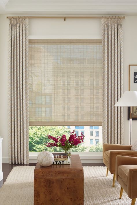 Hunter Douglas Provenance Woven Shades, Window Shades Ideas, Woven Window Shades, Window Shades Living Room, Large Window Coverings, Large Window Treatments, Classic Blinds, Dining Room Window Treatments, Havenly Living Room