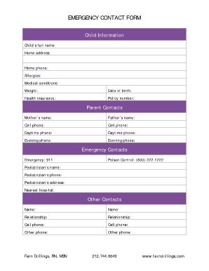 50 Printable Emergency Contact Form Templates - Fillable Samples in PDF, Word to Download | PDFfiller Emergency Contact Printable, Medical Printables, Organizing Papers, Emergency Contact Form, Stage Management, Parent Contact, School Forms, Emergency Binder, Emergency Prepardness