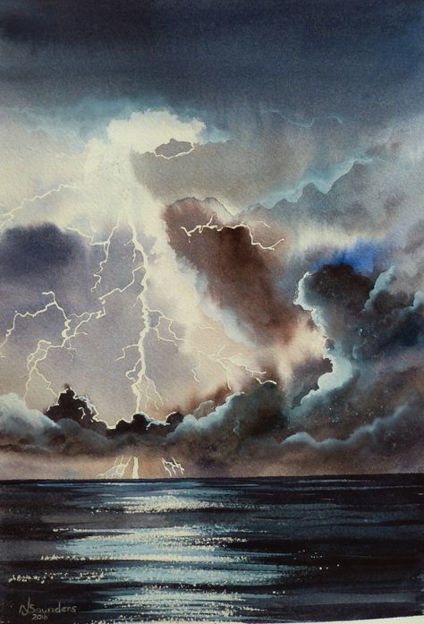 Watercolour Lightning, Storm Watercolor, Watercolour Sky, Storm Painting, Watercolour Landscape, Stormy Sky, Watercolor Sky, City Sky, Oil Pastel Paintings