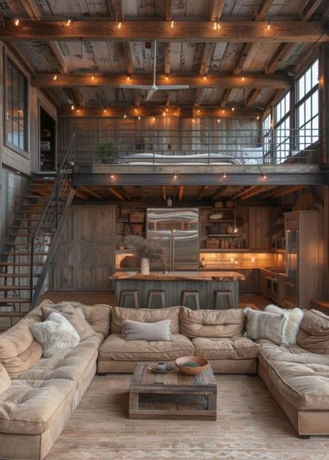 Interior Cabin Ideas, Barndominium Interior Ideas, Barndominium Interior, Apartment Loft, Building A Cabin, Open Concept Layout, Farm Cottage, Cabins And Cottages, A Barn