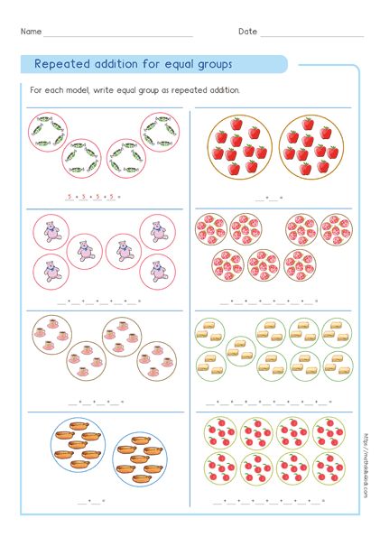 Kid's captivating multiplication models techniques to Write Repeated Addition And Multiplication For Equal Groups. Interesting way to count the total number of objects will reinforce kid's love to do multiplication problems. Repeated Addition Worksheets, Repeated Addition Multiplication, Array Worksheets, Math Multiplication Worksheets, Multiplication Strategies, Repeated Addition, Multiplication Problems, Teaching Multiplication, Multiplication Worksheets