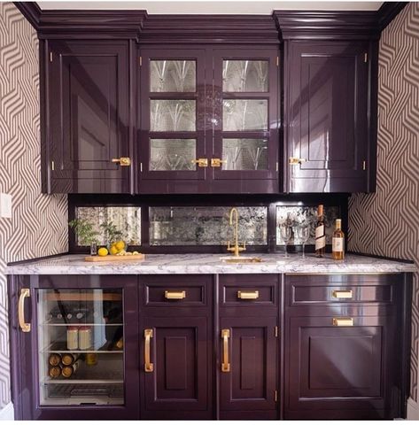 Bungalow Interior Ideas, Purple Kitchen Cabinets, Dark Academia Kitchen, Christopher Peacock, Plum Kitchen, Purple Cabinets, Wet Bar Designs, Bungalow Interior, Home Wet Bar