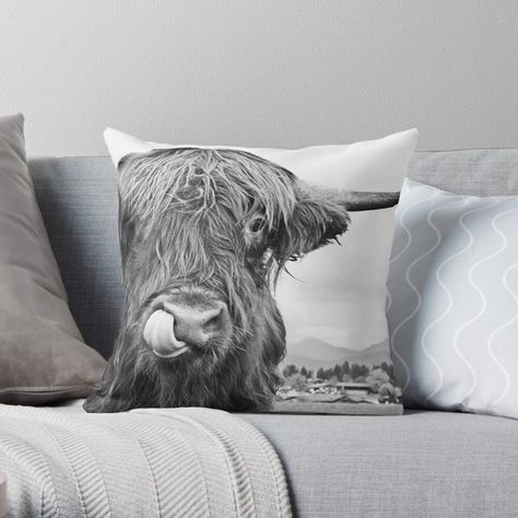 Get my art printed on awesome products. Support me at Redbubble #RBandME: https://www.redbubble.com/i/throw-pillow/Cute-Highland-Cow-Black-and-White-1-wall-art-by-anitabellajantz/61292939.5X2YF?asc=u Black And White Pillow, Scottish Highland Cow, Black And White Pillows, Highland Cattle, White Throws, White Throw Pillows, White Pillow, Printed Throw Pillows, Highland Cow