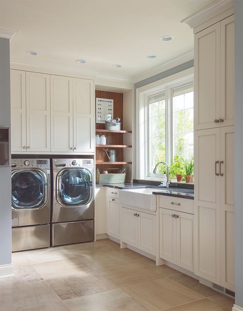 Upright Freezer In Laundry Room, U Shape Laundry, U Shaped Laundry Room, Kitchen And Laundry Combined, L Shaped Laundry, Rooms Design Ideas, Mudd Room, Laundry Remodel, Narrow Laundry Room