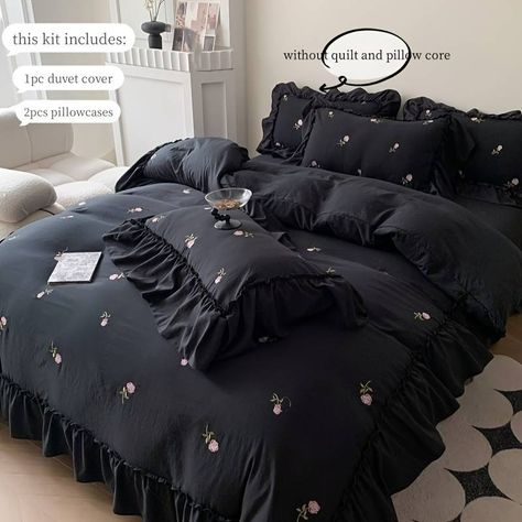 Polyester Duvet Cover Set (1*duvet Cover + 2*pillowcase - Temu United Kingdom Bedding Sets Black, Bed Comforter Sets Aesthetic, Black Furniture Bedroom Aesthetic, Coquette Bedroom Decor, Black And Pink Room, Coquette Roses, E Girl Room, Light Academia Room, Romantic Bedding